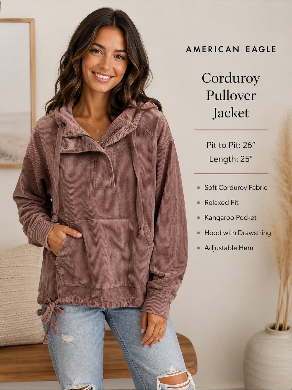 American Eagle Outfitters Corduroy Pullover Jacket - Mauve Brown